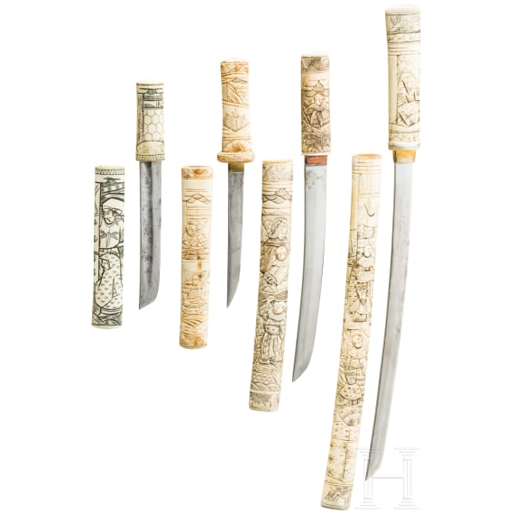 A Japanese wakizashi and three tantos with bone mounting, 20th century