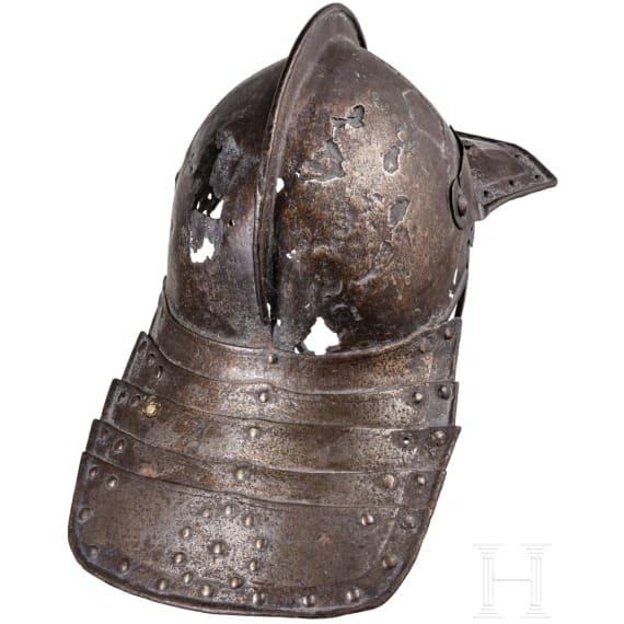 An English or Flemish lobster tail helmet with bar visor, circa 1640