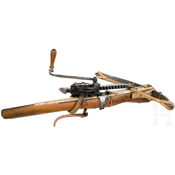 A Swiss bone-inlaid crossbow with cranequin, 17th/19th century