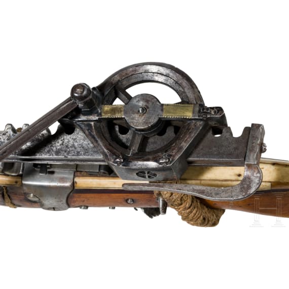 A Swiss bone-inlaid crossbow with cranequin, 17th/19th century