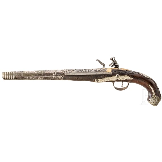 Silbermontierte und goldeingelegte Steinschlosspistole, balkant&uuml;rkisch, um 1800