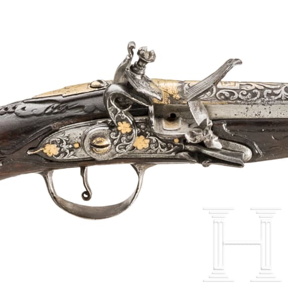 Silbermontierte und goldeingelegte Steinschlosspistole, balkant&uuml;rkisch, um 1800