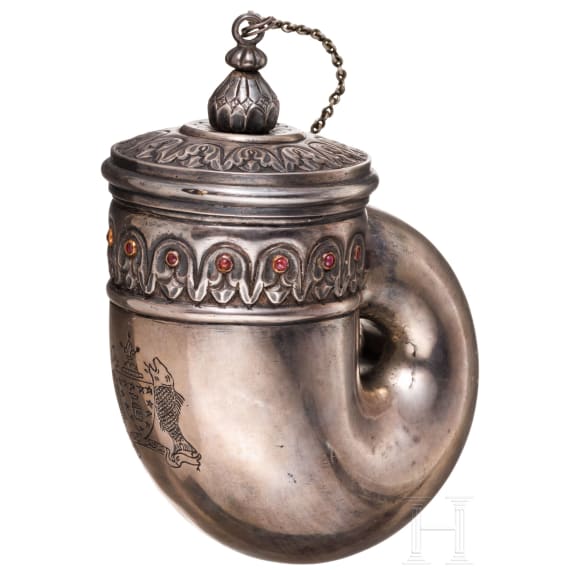 A silver conch-shaped powder flask, Bhopal, 19th century