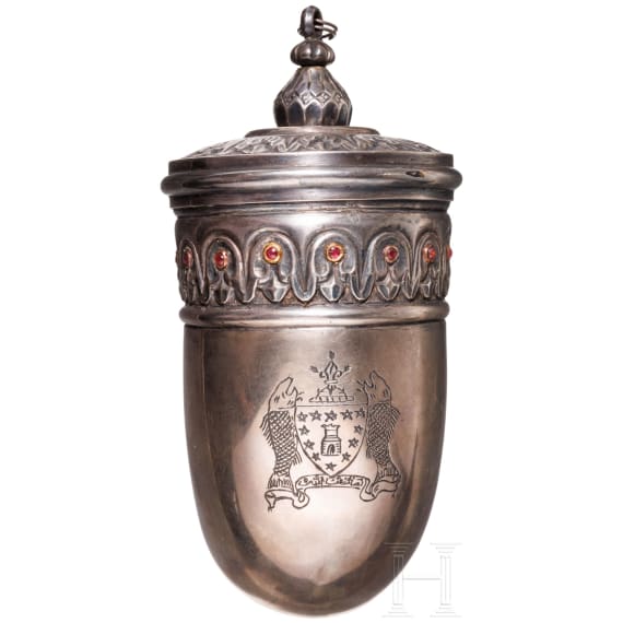 A silver conch-shaped powder flask, Bhopal, 19th century