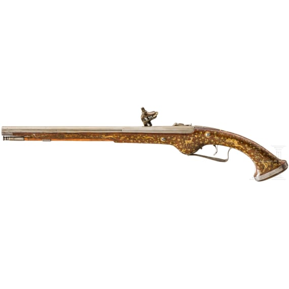 A long German wheellock pistol with lavish bone inlays, circa 1620