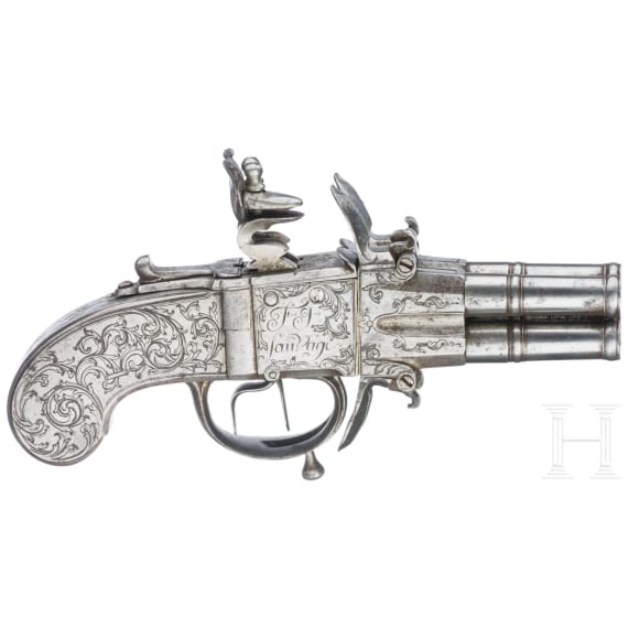 Ganzmetall Vierfach-Taschenwenderpistole, F.I. Sauvage in L&uuml;ttich, um 1750