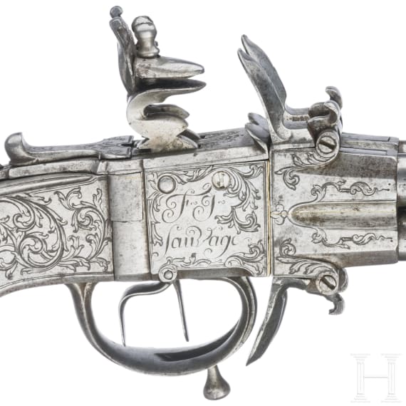 Ganzmetall Vierfach-Taschenwenderpistole, F.I. Sauvage in L&uuml;ttich, um 1750