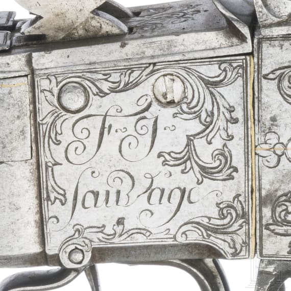 Ganzmetall Vierfach-Taschenwenderpistole, F.I. Sauvage in L&uuml;ttich, um 1750