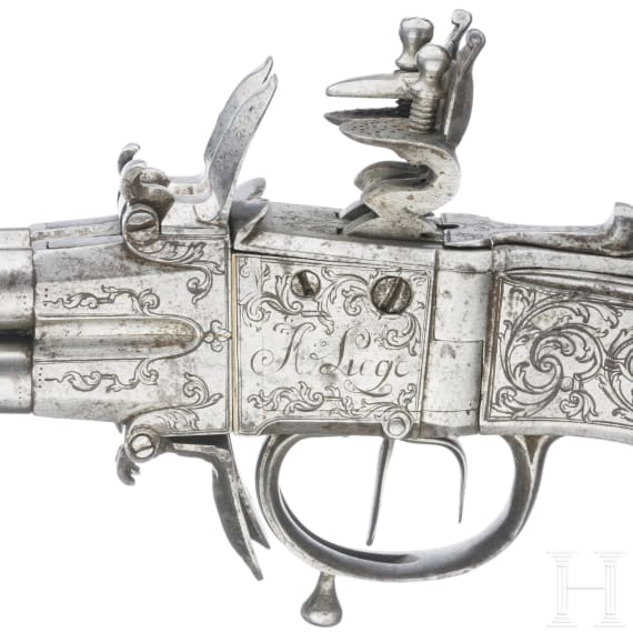 Ganzmetall Vierfach-Taschenwenderpistole, F.I. Sauvage in L&uuml;ttich, um 1750