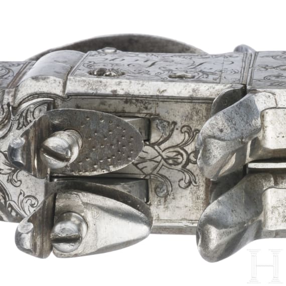 Ganzmetall Vierfach-Taschenwenderpistole, F.I. Sauvage in L&uuml;ttich, um 1750