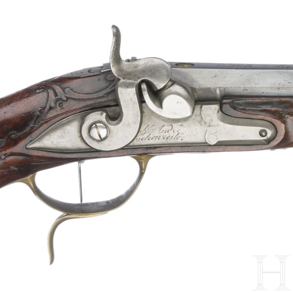 A German percussion pistol by Johann Andreas Kuchenreuter in Regensburg, circa 1780