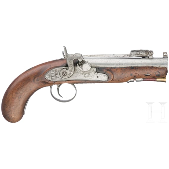 A percussion pistol with spring-loaded bayonet, probably English, ca. 1800