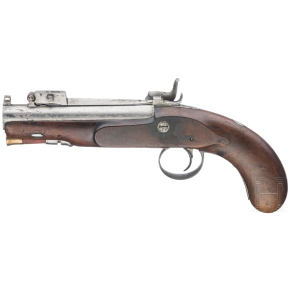 A percussion pistol with spring-loaded bayonet, probably English, ca. 1800
