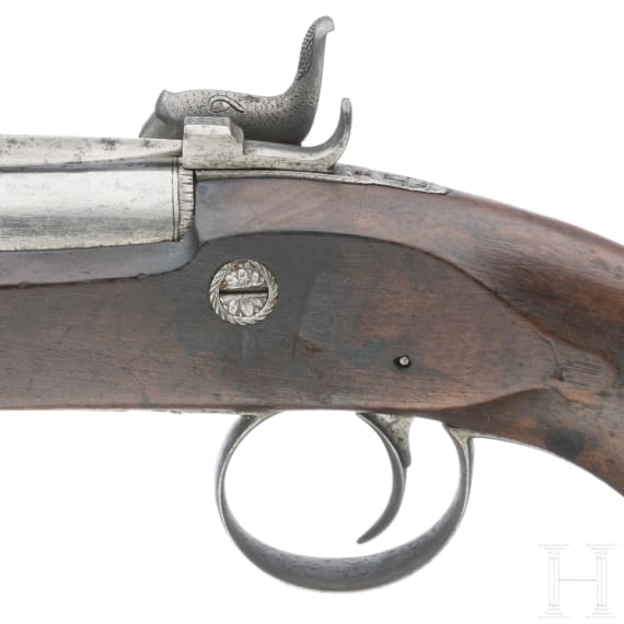 A percussion pistol with spring-loaded bayonet, probably English, ca. 1800