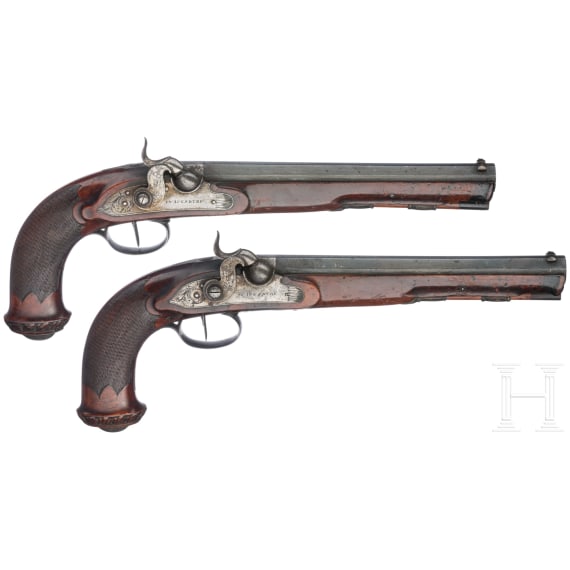 A pair of German percussion pistols by Mond und Feller in Augsburg, circa 1800