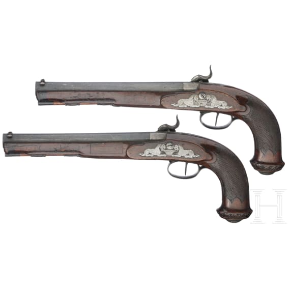 A pair of German percussion pistols by Mond und Feller in Augsburg, circa 1800