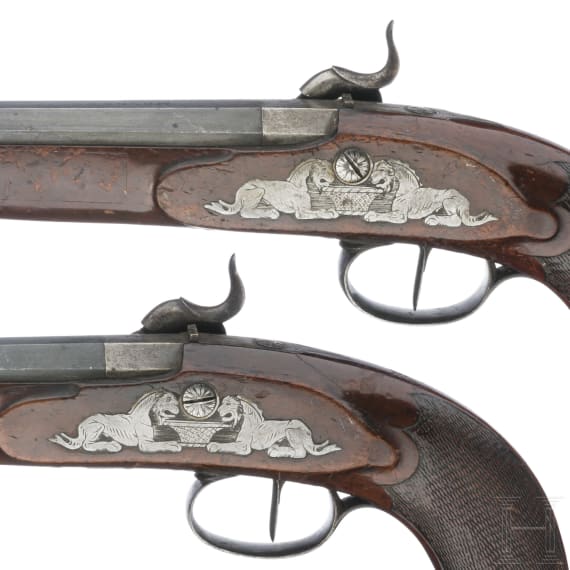 A pair of German percussion pistols by Mond und Feller in Augsburg, circa 1800