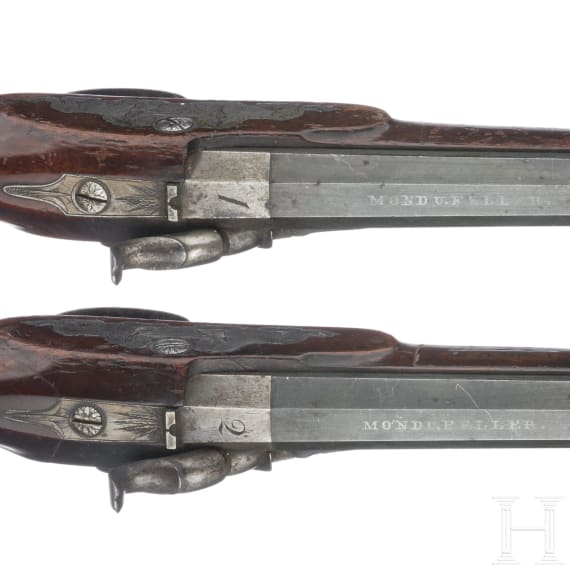 A pair of German percussion pistols by Mond und Feller in Augsburg, circa 1800
