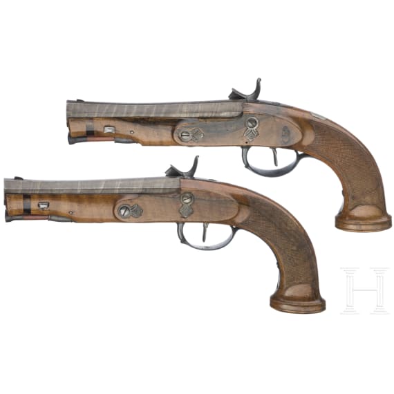 A pair of French percussion pistols, J. Maire, Plombieres, circa 1820