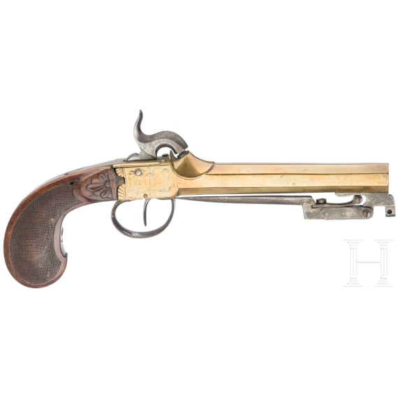 A Belgian percussion boxlock pistol with spring-loaded bayonet, circa 1810