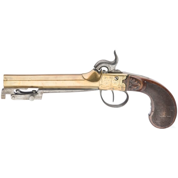 A Belgian percussion boxlock pistol with spring-loaded bayonet, circa 1810