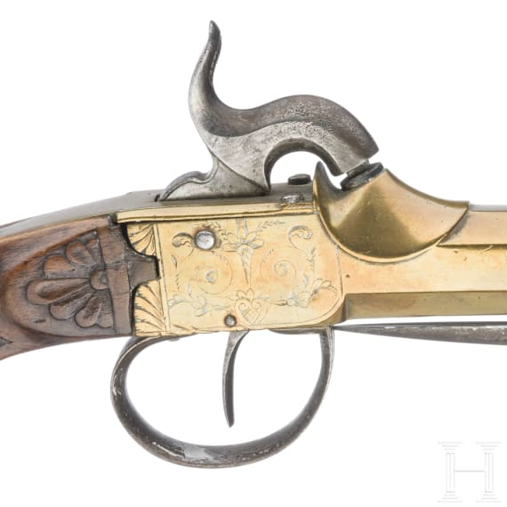 A Belgian percussion boxlock pistol with spring-loaded bayonet, circa 1810