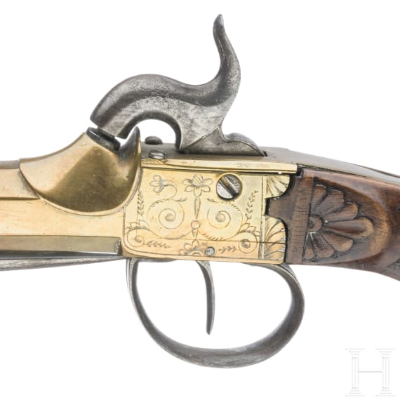 A Belgian percussion boxlock pistol with spring-loaded bayonet, circa 1810