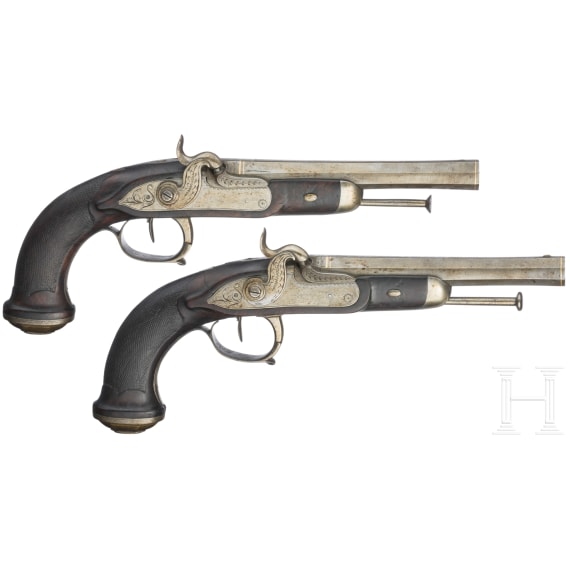 A pair of percussion pistols, Li&egrave;ge, circa 1830