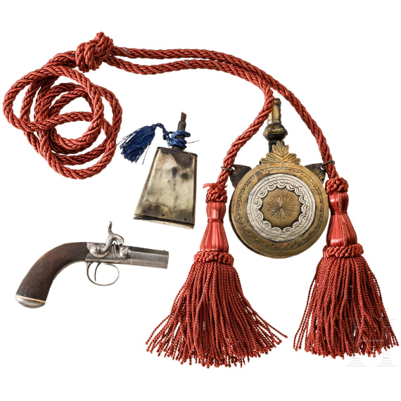A percussion terzerol and two powder flasks