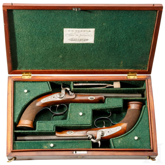 A cased pair of German percussion pistols by Tanner in Hanover, circa 1840