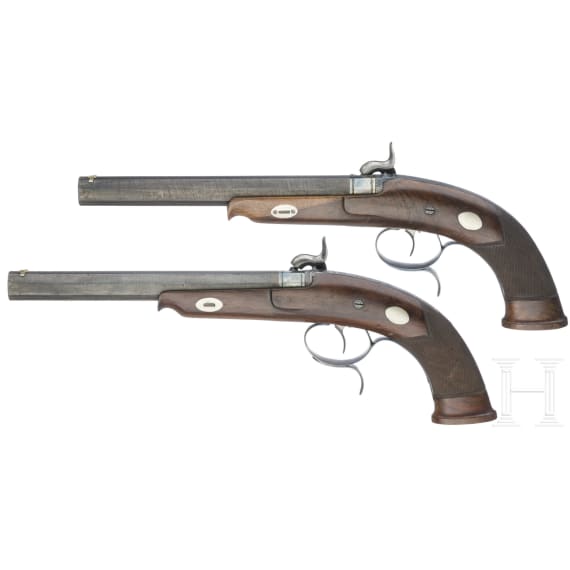 A cased pair of German percussion pistols by Tanner in Hanover, circa 1840
