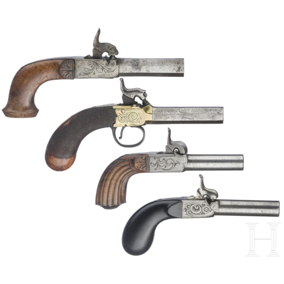 Four Belgian percussion boxlock pistols, circa 1840