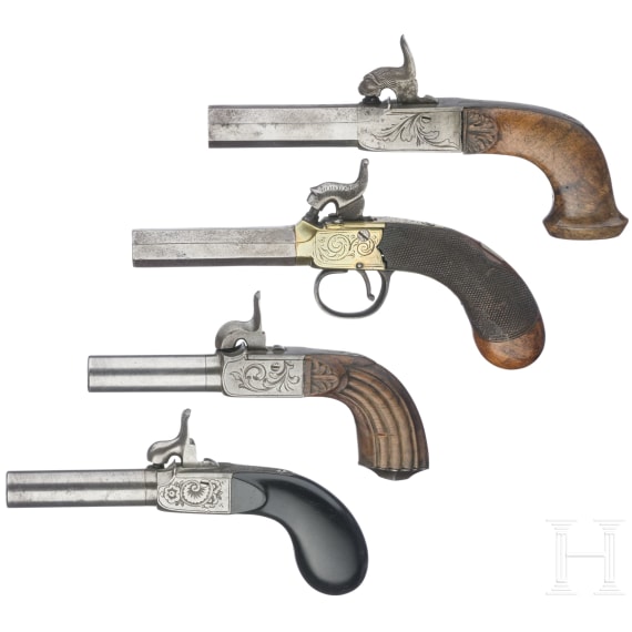 Four Belgian percussion boxlock pistols, circa 1840