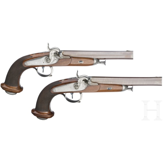 A cased pair of Belgian percussion pistols, ca. 1840