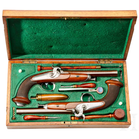 A cased pair of Belgian percussion pistols, ca. 1840