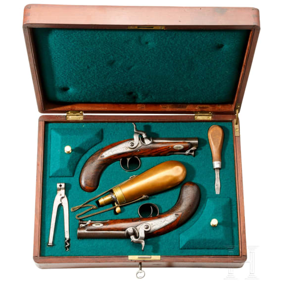 A cased pair of traveler's percussion pistols by Barnett, circa 1840