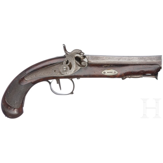 A Spanish percussion pistol by Juan Antonio Aranguren in Placencia, dated 1846