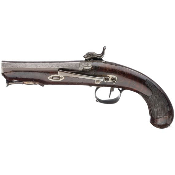A Spanish percussion pistol by Juan Antonio Aranguren in Placencia, dated 1846