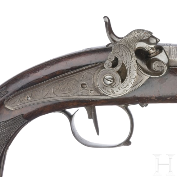 A Spanish percussion pistol by Juan Antonio Aranguren in Placencia, dated 1846
