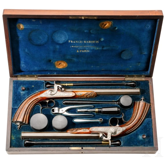 A pair of cased percussion pistols by Francis Marquis, Paris, circa 1840/50