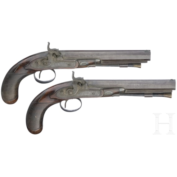 A cased pair of percussion pistols by Conway in Manchester, ca. 1840/50