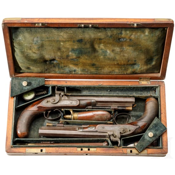 A cased pair of percussion pistols by Conway in Manchester, ca. 1840/50
