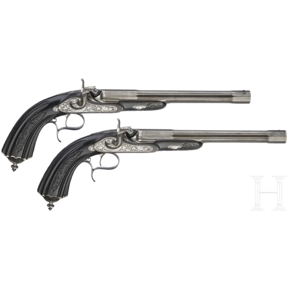 A pair of cased percussion pistols by Brun, Paris, circa 1850