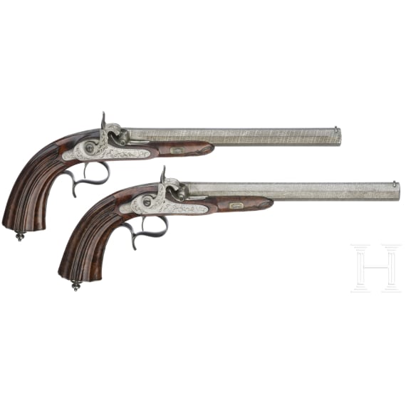 A cased pair of percussion pistols by Jansen in Brussels, circa 1850