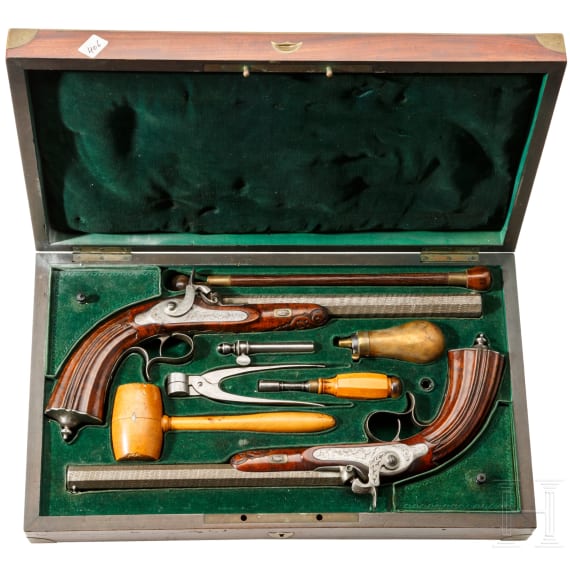 A cased pair of percussion pistols by Jansen in Brussels, circa 1850
