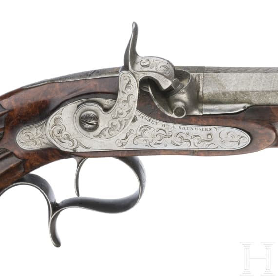A cased pair of percussion pistols by Jansen in Brussels, circa 1850