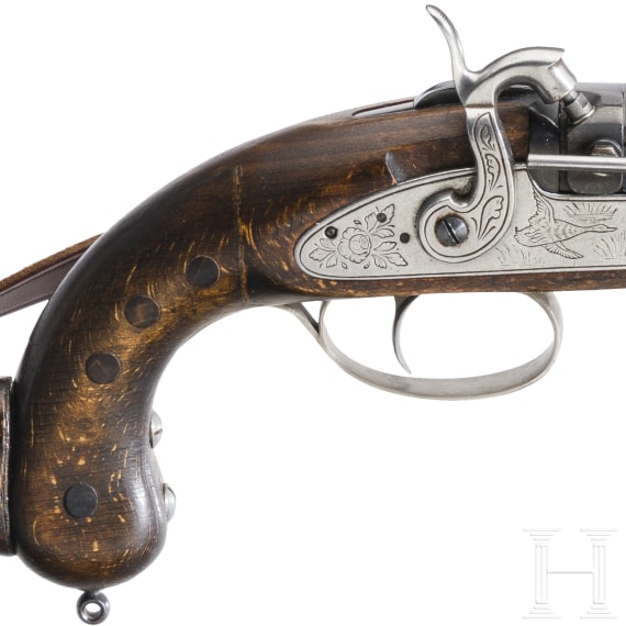 A percussion pistol with holster stock, Spanish replica by Dikar