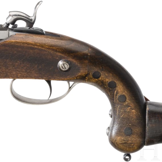 A percussion pistol with holster stock, Spanish replica by Dikar