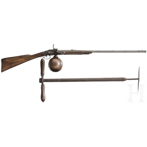 A German air rifle with ball reservoir and pump, circa 1780
