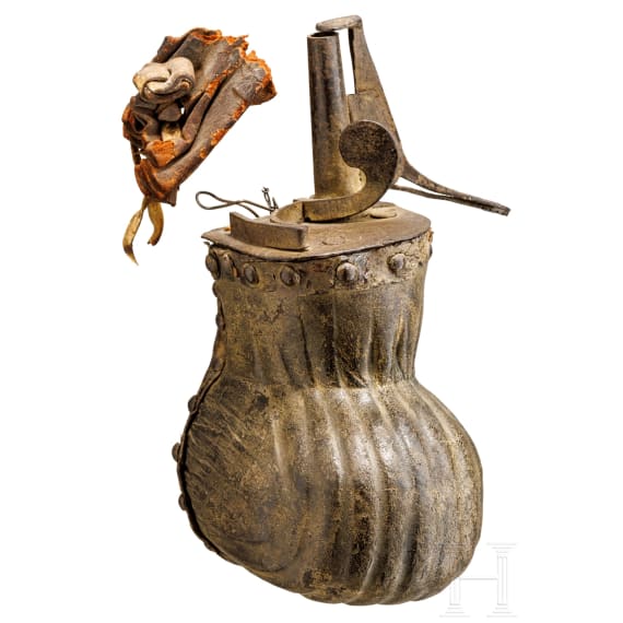 An Italian leather-covered powder horn, 17th century